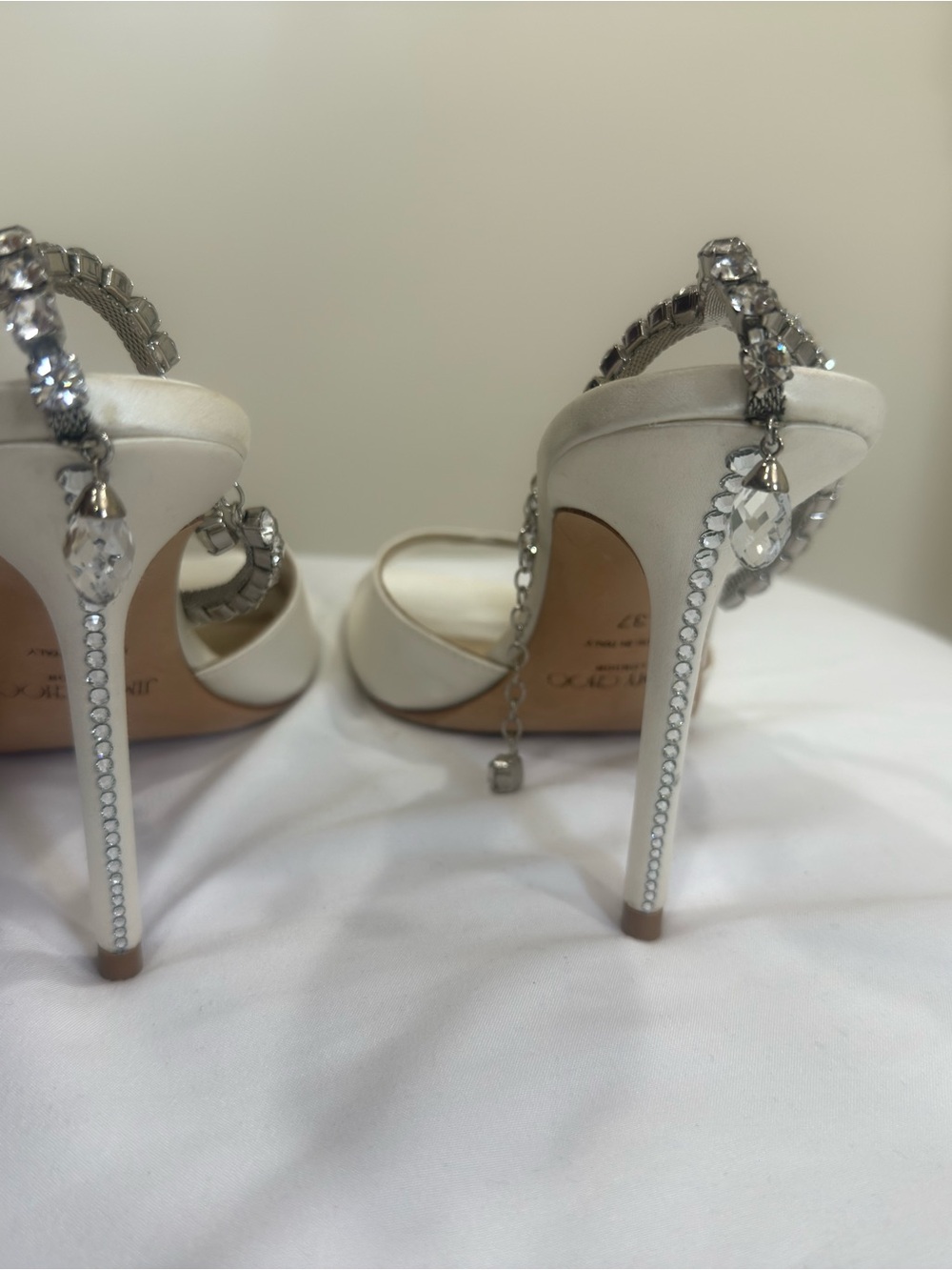 Jimmy Choo Saeda 100 Ivory Satin Crystal Ankle-Strap Sandals - Picture 6 of 10